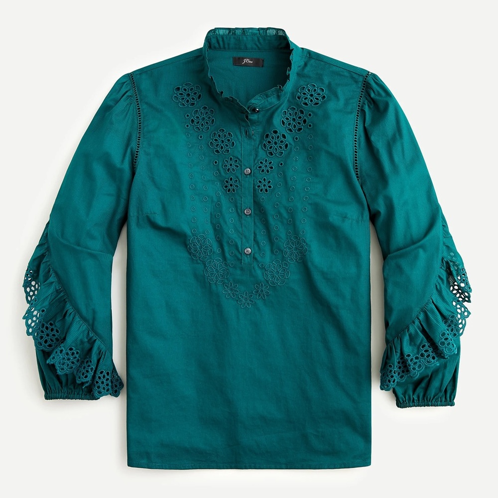 j.crew | ruffle sleeve eyelet popover top dark spruce green xs